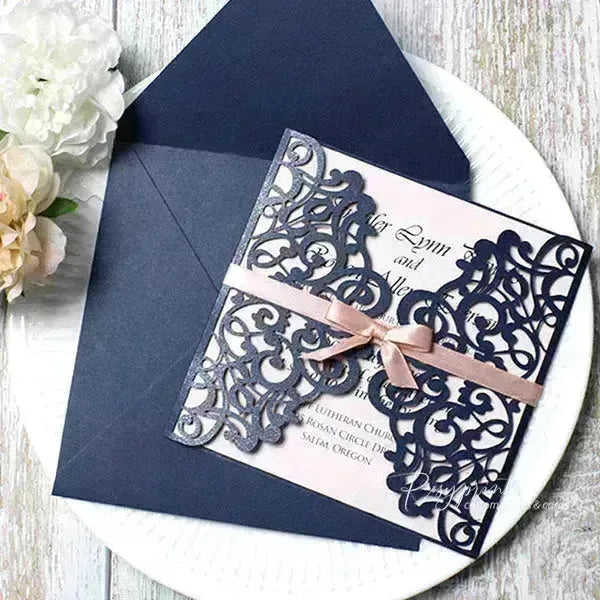 navy blue wedding invitations with rose pink bow ROSG20 - Rosy Prints