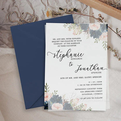 navy blue and blush pink floral wedding invitations with vellum overlay