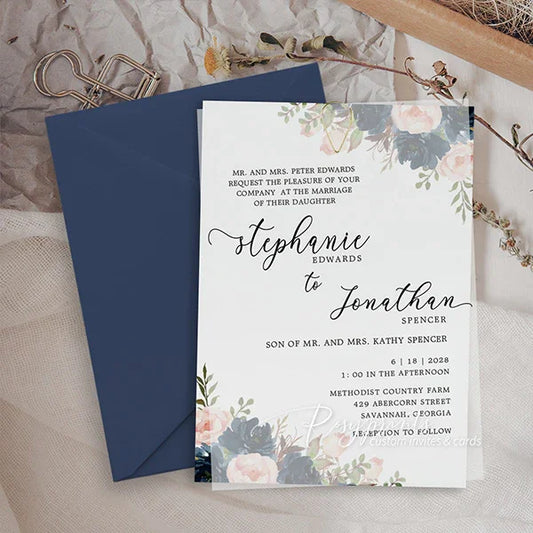 navy blue and blush pink floral wedding invitations with vellum overlay