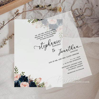 navy blue and blush pink floral wedding invitations with vellum overlay