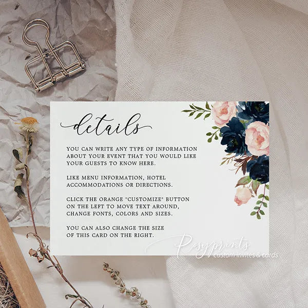 navy blue and blush pink floral wedding invitations with vellum overlay
