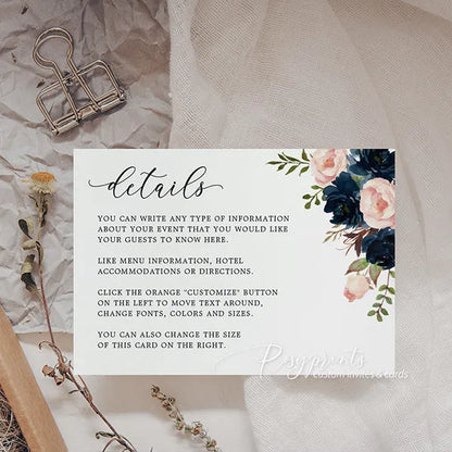 navy blue and blush pink floral wedding invitations with vellum overlay