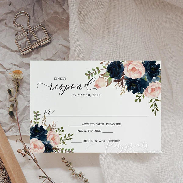 navy blue and blush pink floral wedding invitations with vellum overlay