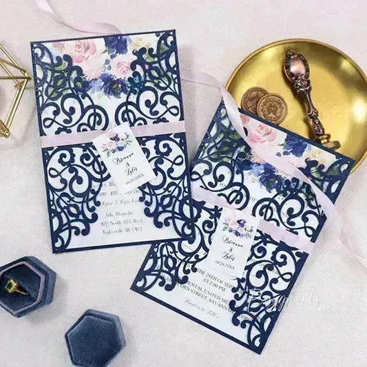 rustic navy blue and blush pink flowers wedding invitations ROSYG26 - Rosy Prints