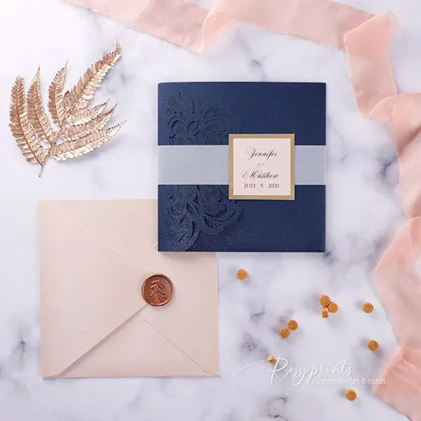 navy blue and blush pink pocket wedding invitations ROSYP45 - Rosy Prints