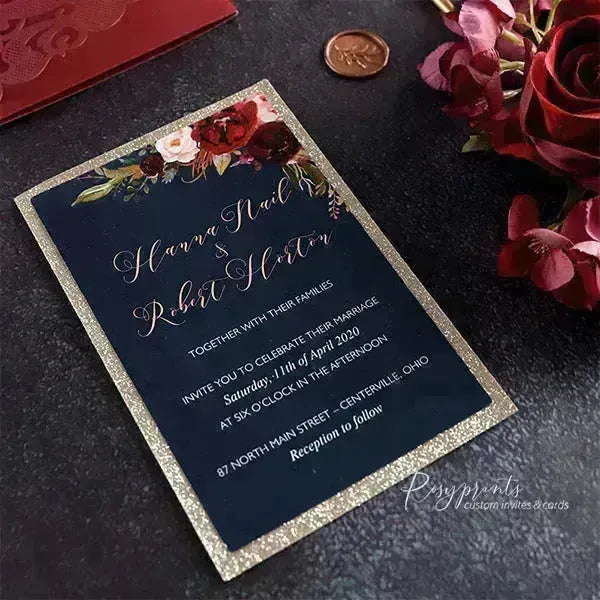 navy blue and burgundy pocket wedding invitations ROSYP01 - Rosy Prints