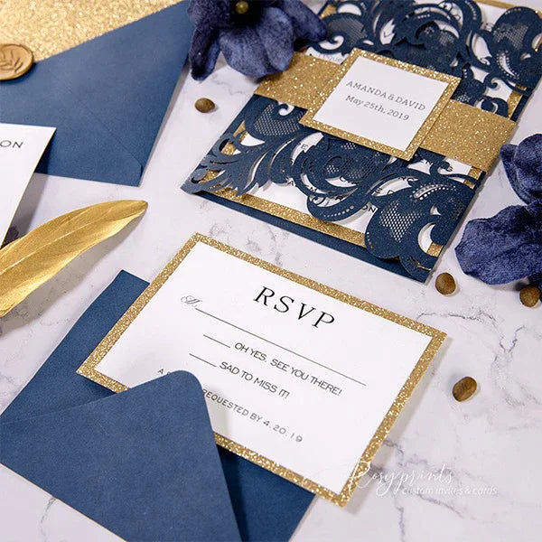 elegant navy blue and gold formal wedding invitations
