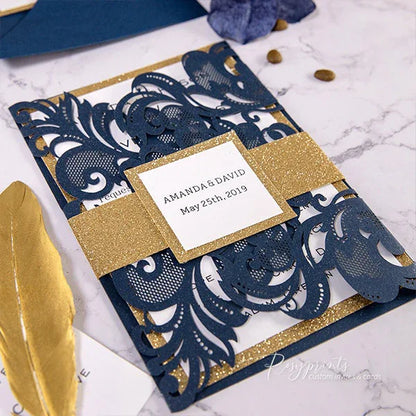 elegant navy blue and gold formal wedding invitations
