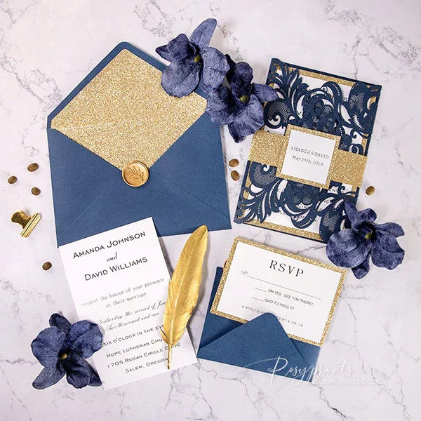 elegant navy blue and gold formal wedding invitations