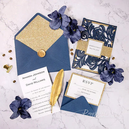 elegant navy blue and gold formal wedding invitations