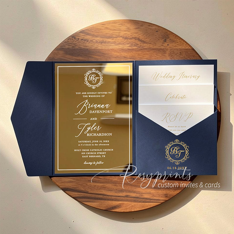 luxury foil monogram gold mirror acrylic wedding invitations