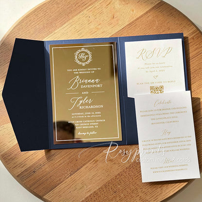 luxury foil monogram gold mirror acrylic wedding invitations