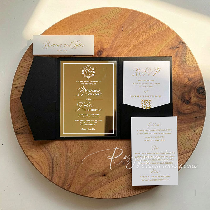luxury foil monogram gold mirror acrylic wedding invitations