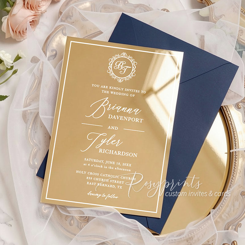 luxury foil monogram gold mirror acrylic wedding invitations