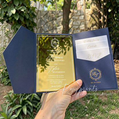 luxury foil monogram gold mirror acrylic wedding invitations