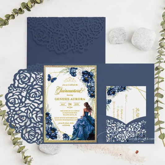 navy blue and gold quinceanera invitations ROSYP28 - Rosy Prints