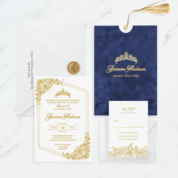 gold foil velvet navy blue quinceanera invitations ROSYP48 - Rosy Prints