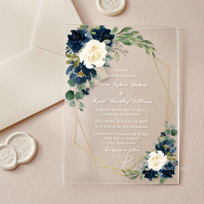 navy blue and Ivory floral acrylic wedding invitations