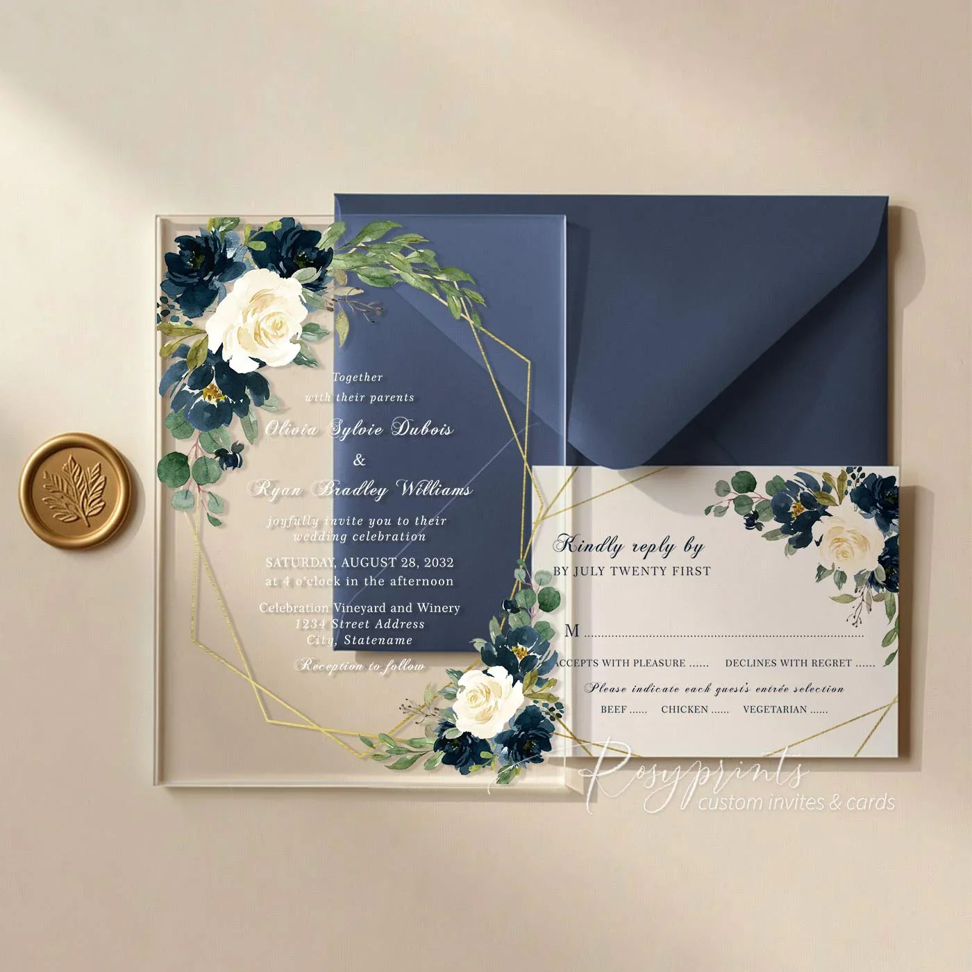 navy blue and Ivory floral acrylic wedding invitations