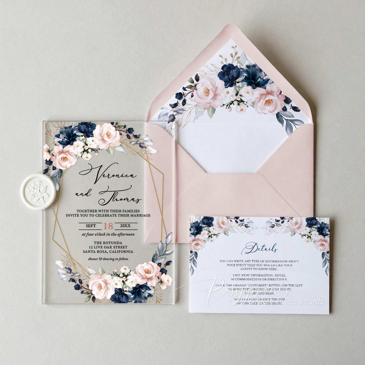 navy blue and pink flower acrylic wedding invitations