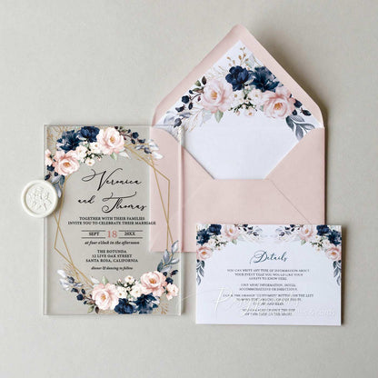 navy blue and pink flower acrylic wedding invitations