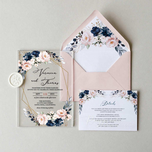navy blue and pink flower acrylic wedding invitations