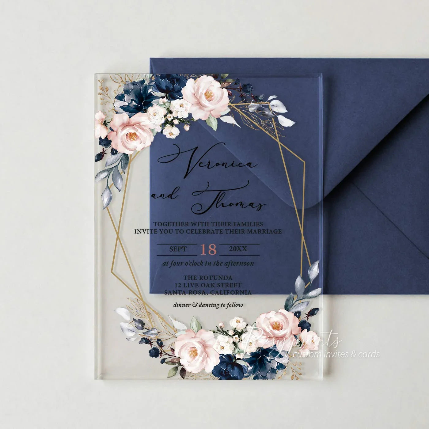 navy blue and pink flower acrylic wedding invitations
