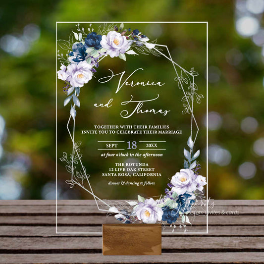 purple and navy blue flower acrylic wedding invitations ROSYA124