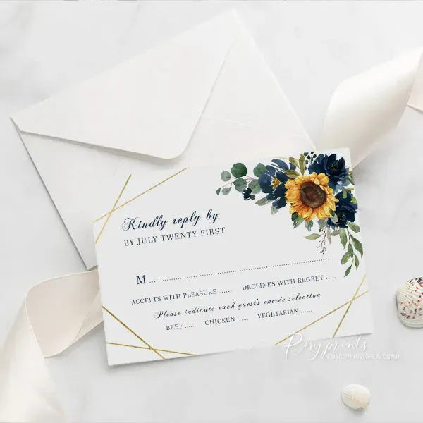navy blue and sunflower acrylic wedding invitations ROSYA75 - Rosy Prints