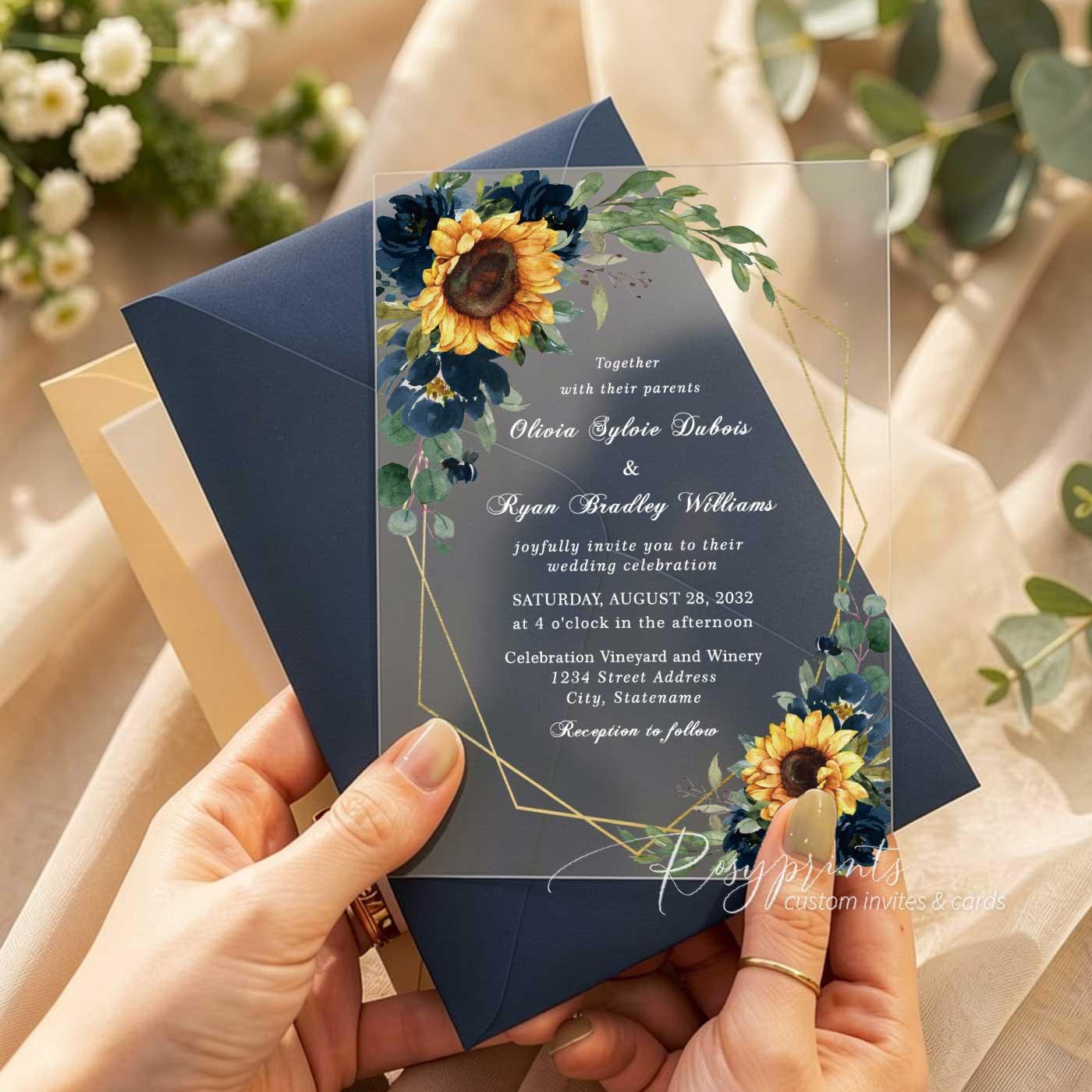 navy blue and sunflower acrylic wedding invitations