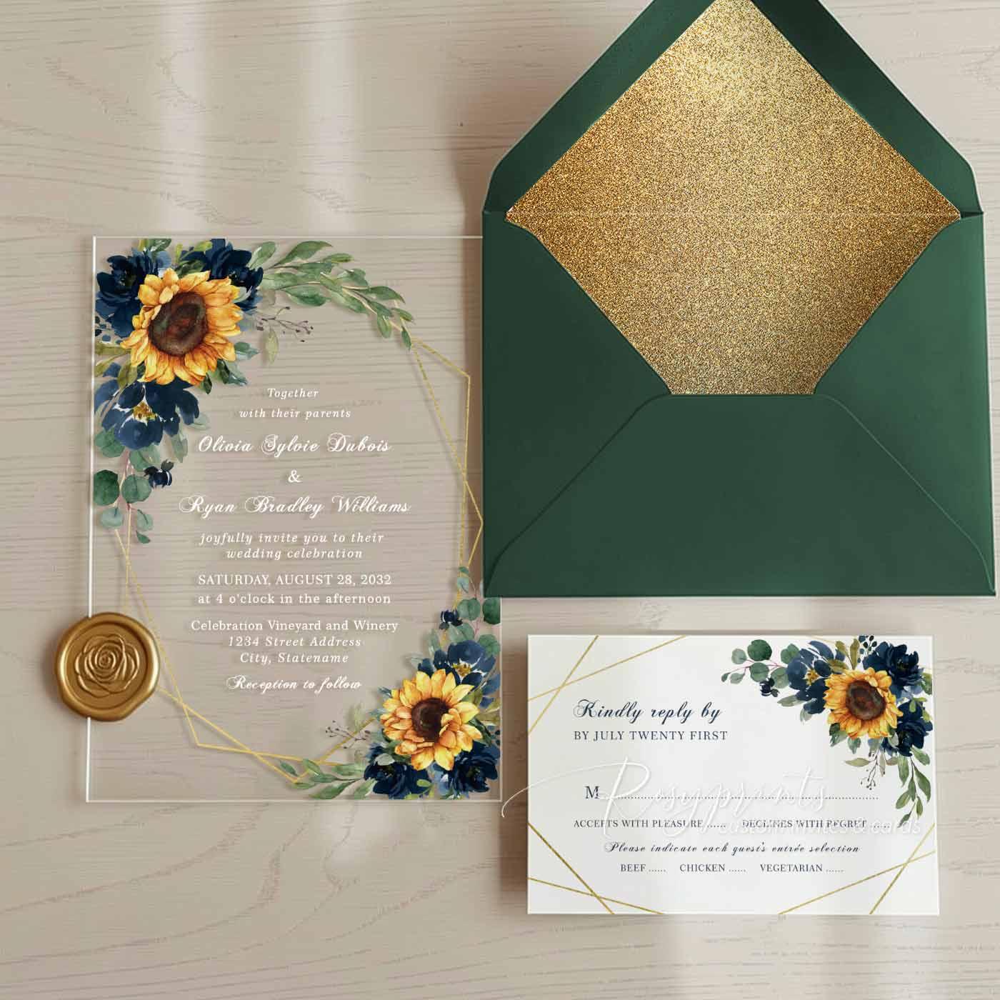 navy blue and sunflower acrylic wedding invitations