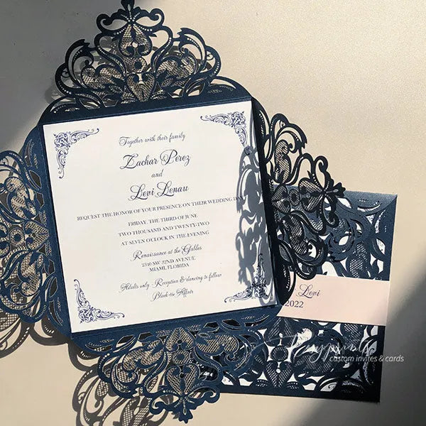 navy blue and blush pocket wedding invitations ROSYP11 - Rosy Prints