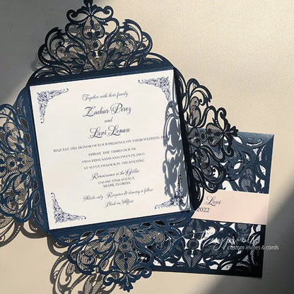 navy blue and blush pocket wedding invitations ROSYP11 - Rosy Prints
