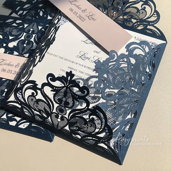 navy blue and blush pocket wedding invitations ROSYP11 - Rosy Prints