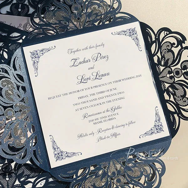 navy blue and blush pocket wedding invitations ROSYP11 - Rosy Prints