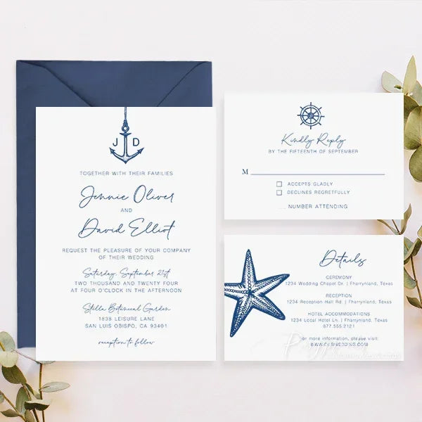 nautical anchor navy blue cheap wedding invitations