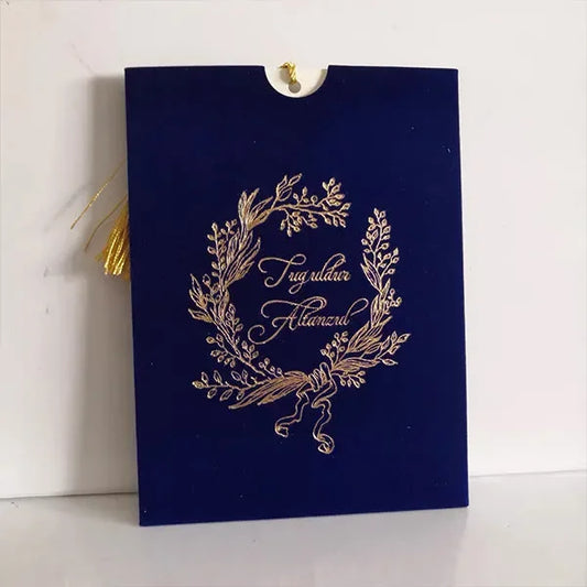 dusty blue wreath gold foil velvet wedding invitations ROSYP55 - Rosy Prints