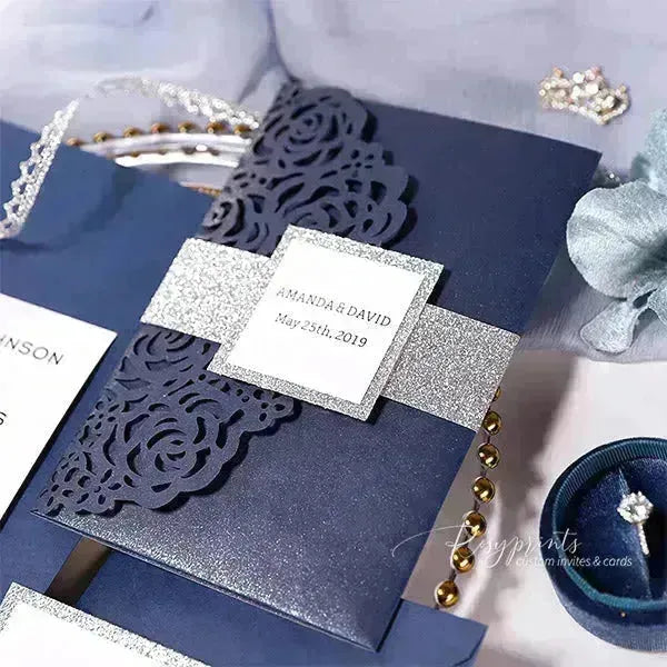navy blue and silver glitter pocket wedding invitations ROSYP39 - Rosy Prints