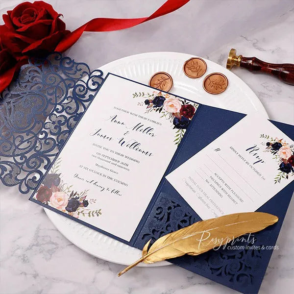 navy blue, burgundy and pink rustic flower wedding invitations ROSYP58 - Rosy Prints