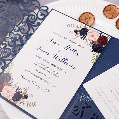navy blue, burgundy and pink rustic flower wedding invitations ROSYP58 - Rosy Prints