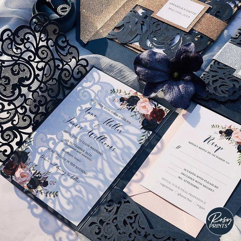 navy blue, burgundy and pink rustic flower wedding invitations ROSYP58