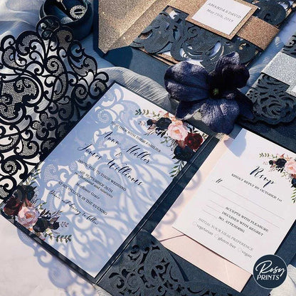 navy blue, burgundy and pink rustic flower wedding invitations ROSYP58