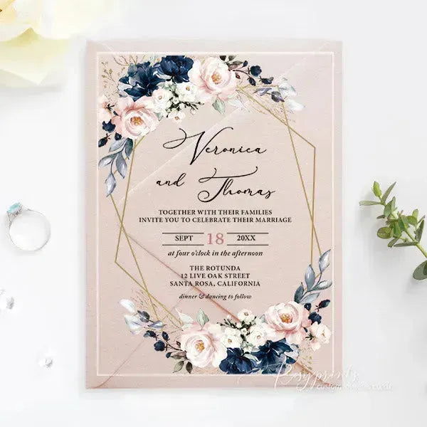 navy blue and pink acrylic wedding invitations ROSYA35 - Rosy Prints