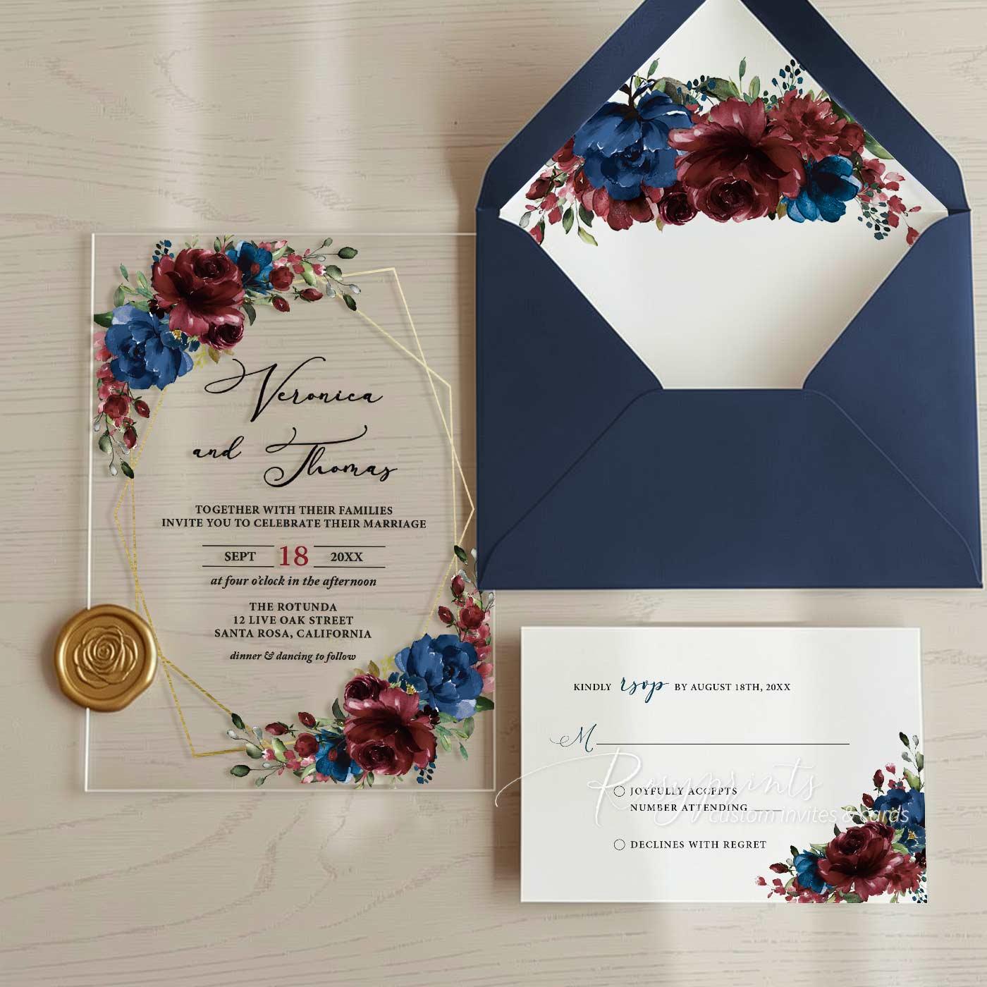 navy burgundy floral acrylic wedding invitations 