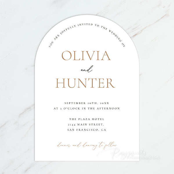 modern taupe blush neutral arch wedding invitation