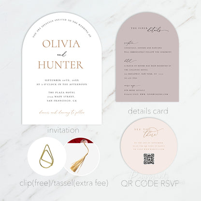 modern taupe blush neutral arch wedding invitation