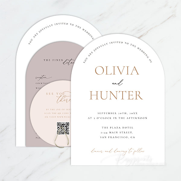 modern taupe blush neutral arch wedding invitation