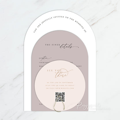 modern taupe blush neutral arch wedding invitation