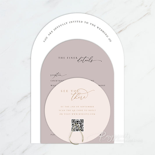 modern taupe blush neutral arch wedding invitation