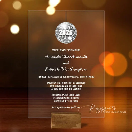 disco ball new year's eve party acrylic wedding invitations ROSYA100 - Rosy Prints